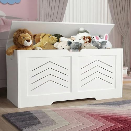 Blisswood Toy Box, Wooden Storage Chest, Large Blanket Box with Lid & Safety Hinges, Storage Bench & Toy Storage Organizer for Kids, Boys & Girls, Baby Toybox for Bedroom, Playroom (White)