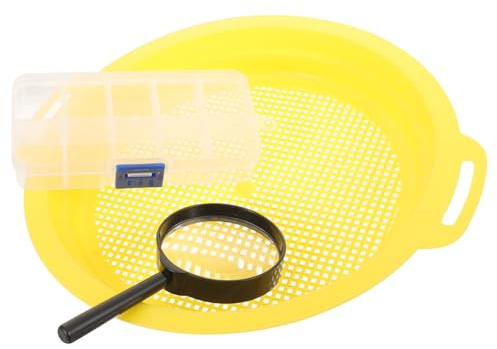 POPETPOP Small Gravity Gold Panning Sieve Pan Set with Magnifier and Storage Box, Handheld Sorting Filter Pan for River Sand Mining and Outdoor Prospecting