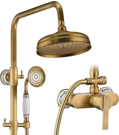 OihPaw Duschsystem, Duscharmatur in Antik-Messing, Vintage-Gold-Duschset | Inklusive 20-cm-Kopfbrause und Handbrause, Regendusche höhen- und winkelverstellbar, Duscharmatur-Komplettset zur Wandmontage
