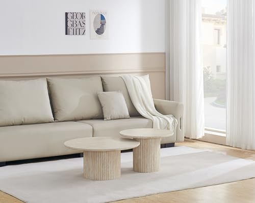 Furnizone UK DUETTO Set of 2 Ceramic Top Travertine Effect with Fluted Cylindrical Base Coffee Table