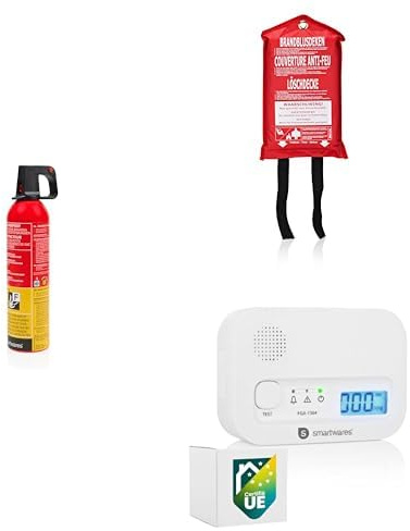 Lot Smartwares Détecteur de CO FGA-13041 + Couverture anti-feu 10.014.60 + Extincteur spray FEX-15371