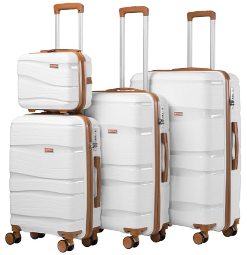 PROVITERA Set 4 Valigie Rigide con Beauty Case in Polipropilene Ultra Resistente agli Urti, Trolley Manico Telescopico e Ruote Easy Roll, Serratura Codice Rinforzata e Design Moderno (Bianco)
