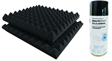 Multisint - Pannelli Fonoassorbenti Piramidali Ignifughi Certificati Classe 1IM – 50 x 50 x 6cm Densità 30 + Colla MultiSpray (Confezione 30 Pannelli + 1 Bomboletta) – Produzione 100% Italiana