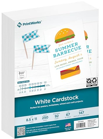 PrintWorks White Cardstock 8.5 x 11 - 67 lb/147 gsm Vellum Bristol - 250 Sheets - Made in the USA - SFI® Certified - 92 Bright - Card Stock Printer Paper for School, Craft, & Office Use (00564)