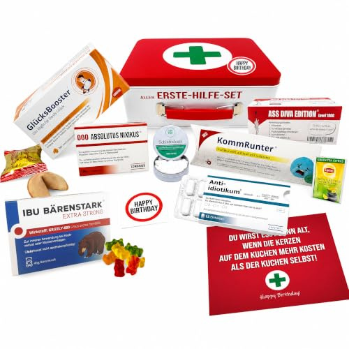 Longfair Geburtstagsgeschenk | Erste Hilfe Set Geschenk-Box, witziger Sanikasten | 9-teilig | Scherzartikel zum Geburtstag (DE)