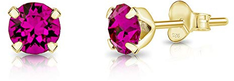 DTPsilver - KLEINE Ohrringe 925 Sterling Silber Gelb Vergoldet mit Kristallen von Swarovski® Elements Runde Ohrstecker - Durchmesser 5 mm - Farbe : Fuchsie