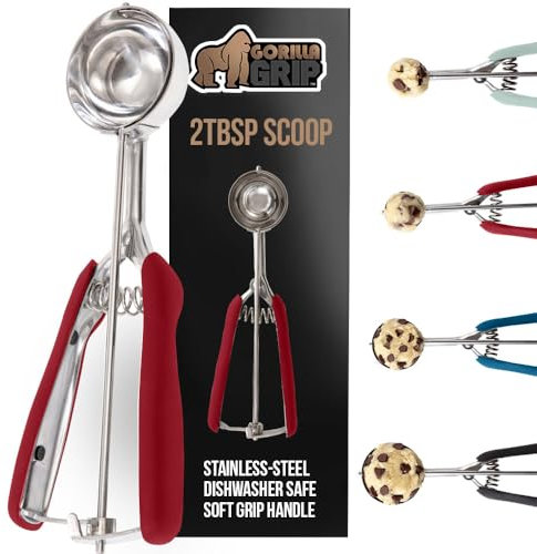Gorilla Grip Stainless Steel Cookie Scoop for Baking, 2 TBSP, Multipurpose Melon Baller, Meatball Spring Scoops, Perfect Portion Sizes, Easy Food Release, Scooper Size 30, BPA-Free Kitchen Tool, Red