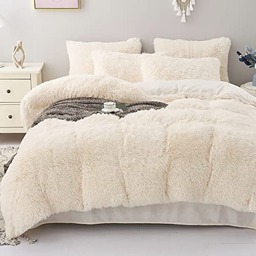 Michorinee Flauschige Plüsch Bettwäsche 135x200 Winter Bettbezug Creme Weiß | Warme Winterbettwäsche mit Reißverschluss, ÖKO-TEX, Flausch Langhaar Kunstfell, Coral Fleece, mit Kissenbezug 80x80 cm