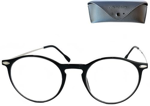 Leichte Unisex Blaulichtfilter Brille Rund Rechteckig 0,0 bis +2,5 Etui | Rund oder rechteckig, 0,0 bis +2,5 Dioptrien, schwarze Fassung, Metallbügel, ca. 19 g, Etui