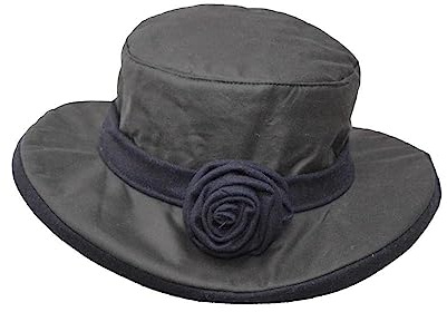 WALKER AND HAWKES - Windsor Rose - Damen Hut gewachst - breite Krempe und Blume - Dunkelblau - M/L (58cm/59cm)