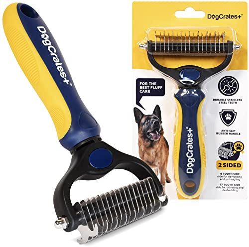 DogCrates+ Undercoat Rake Deshedding Brush for Dogs and Cats, 2-Sided Grooming Brush with Anti-Slip Handle, Durable Stainless Steel Teeth