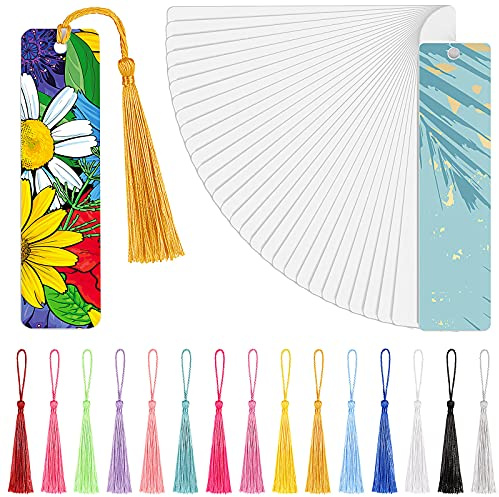 Tenare 80 Stück Sublimation Leeres Lesezeichen Sublimation Metall Aluminium DIY Lesezeichen mit Loch und Bunten Quasten für Geburtstag Hochzeit, Quasten Leeres Lesezeichen, Einseitiger Druck