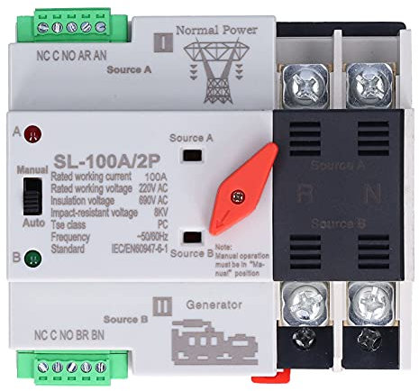 Buachois Interruttore di Trasferimento a Doppia Alimentazione,220V 2P 100A ATS PC Interruttore di Trasferimento Automatico a Commutazione Rapida per Elettricità Municipale