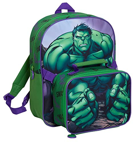 Marvel The Hulk Zaino con borsa per il pranzo per bambini, borsa per la scuola, set da 2 pezzi coordinati, Verde, Taglia unica, Zaino