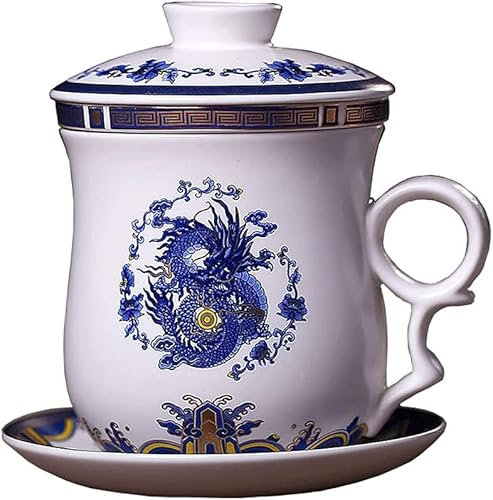 CFLNYC Chinesisches Blau-Weiß-Tassen-Teeset mit Untertasse, Teesieb, Deckel und Verbrühungsschutzgriff, Keramik-Teebecher mit Deckel, 10 oz (Color : Blue and White, Size : 10oz)