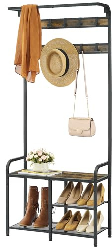 Tajsoon Coat Rack, Hall Tree with Shoe Bench for Entryway, 4-in-1 SCoat Rack Shoe Bench Storage for Hallway, 11.24 X 28.35 X 66.34 Inches, Metal, Rustic Brown and Black