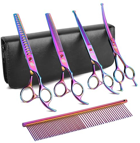 DRGSKL 7 Hundepflege Scheren Set Multicolor, Premium Japanese 440c Edelstahl Gerade Schere, Ausdünnung Schere, Gebogene Schere, Chunker Schere Mit Stahlkamm Für Präzises Styling