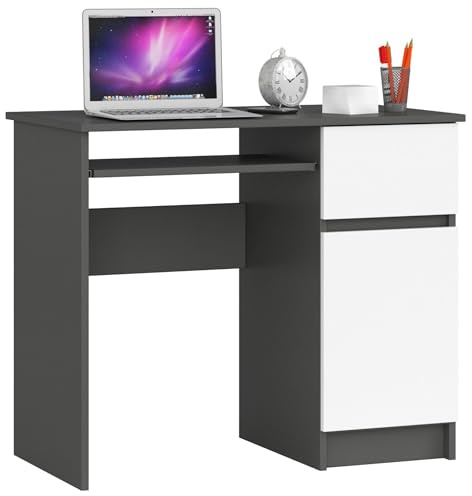 AKORD | Escritorio con Estante para Teclado | Escritorio de Oficina | Cajón y Contenedor en el Lado Derecho | para Computadora PC Portátil | 90x77x50 cm | 30 kg | Gris Grafito & Blanco