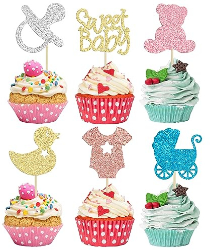 Gyufise 36Pcs Baby Shower Cupcake Toppers Glitter Sweet Baby Cupcake Picks Bear Pacifier Baby Carriage Gender Reveal Cake Decorations for Baby Shower Kids Birthday Party Supplies Colorful