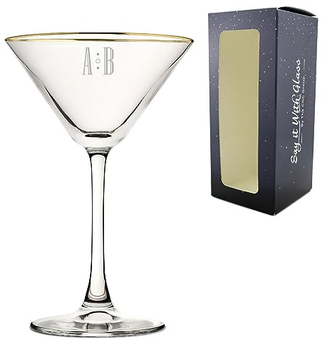 Personalised Engraved Gold Rim Martini Cocktail Glass with Initials Design, Personalise with Any Name for Any Occasion, Gift Box Included, Laser Engraved