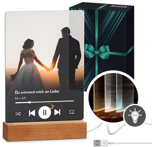 Maverton beleuchteter LED-Fotoaufsteller mit Echtholzsockel - personalisiertes LED-Acrylglas mit eigenem Foto für Paare - Glasbild zur Hochzeit zum Valentinstag - Größe: 15x24x4,5cm - Musik