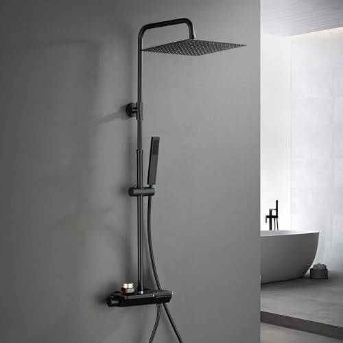 Görbach Regendusche Duschset mit Duscharmatur Komplettset-Edelstahl Duschsystem mit Thermostat Überkopfbrause Handbrause Duschstange Matt Schwarz (3030MB)