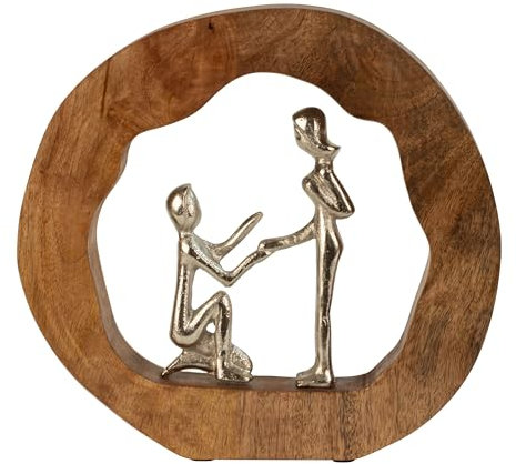 Lifestyle & More Skulptur Dekofigur Hochzeitsantrag Liebespaar aus Metall in Ring aus Holz 30x28 cm