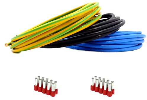 Event-Kabel&more-Set Verdrahtungssatz 6m schwarz, 2m blau, 2m grün/gelb Aderleitung flexibel H07V-K 10 mm² inkl. Aderendhülsen 10mm2 für Zählerschrank Verteilung (Set 6m/2m/2m 20AEH)
