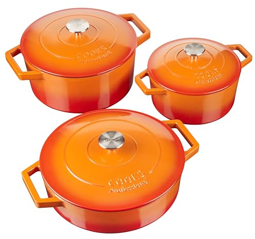 Cooks Professional Set of 3 Cast Iron Casserole Dishes with Lid & Handles | 20, 26 & 28cm | Colourful Enamelled Cooking Pans Pots | Suitable For All Hobs Inc Induction | Oven & Grill Safe | Orange