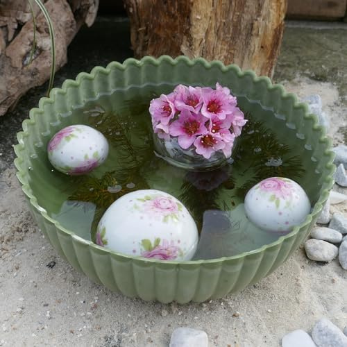 Storm's Gartenzaubereien Miniteich-Komplettset - Grüne Schale 20cm & 3 Keramik Rosenkugeln und Blütenring - Miniteich Schale, Teichkugel - Tischdeko drinnen und draußen