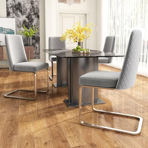 Merax Schwingstuhl 4er-Set, Samt Esszimmerstühle mit Metall-Stützbeinen, bequemer Freischwinger Stühle für Wohnzimmer, Schlafzimmer, Samt, Grau & Silber