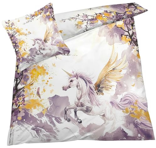 YELDAN Einhorn Bettwäsche 140x200 Winter, Märchen Kinder Bettbezug 140x200 2er Set, Wendebettwäsche und Kissenbezug, Weiche & Atmungsaktive Mikrofaser Bettwäsche-Sets