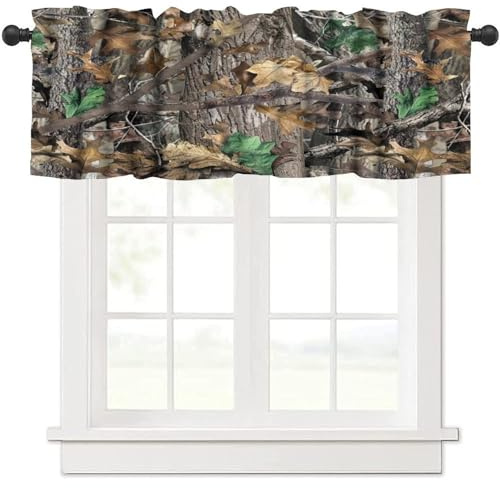 Yearn Jear Forest Camouflage Valance Curtain, Forest Camo Conifer Oak Branches Leaves Mossy Hunting Lodge Camp Cabin Theme Windows Curtain Valance for Cottage Kitchen Dining Room, One Panel 54x18in
