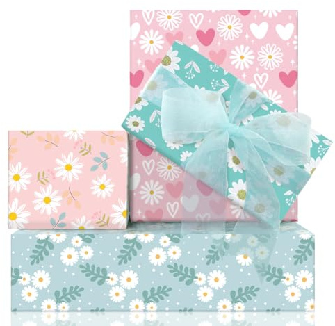 Rosa Blaue Gänseblümchen Geschenkpapier,Blumen Geschenkpapier Kinder Mädchen Jungen,Böhmen Wrapping Paper Vintage 4 Designs 8 Blätter Für Geburtstag Neue Babyparty Hochzeit Taufe DIY Handwerk