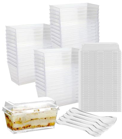 Hniuyun 50 pièces de tasses à dessert avec couvercles et cuillères, 160 ml, mini pots à dessert rectangulaires en PP transparents, bol de service pour mousses, puddings, desserts de fête
