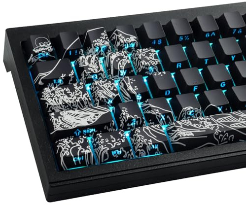 Sunzit PBT Keycaps 135 Tasten Custom Keycap Cherry Profile Dye-Sub Tastenkappen Set Schwarz Welle Von Kanagawa Shine Through Side Print Keycaps für ISO/ANSI UK Layout Mechanische Gaming Tastatur