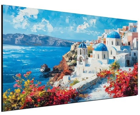 DARO Design® Wandbilder Groß 84x56 cm XXL Schlafzimmer Home Deko Wohnung Bild Wohnzimmer Fotoleinwand Wand Bilder Leinwand Wall Decor Abstrakt Griechenland Meer Santorini Gemälde blaue Dächer