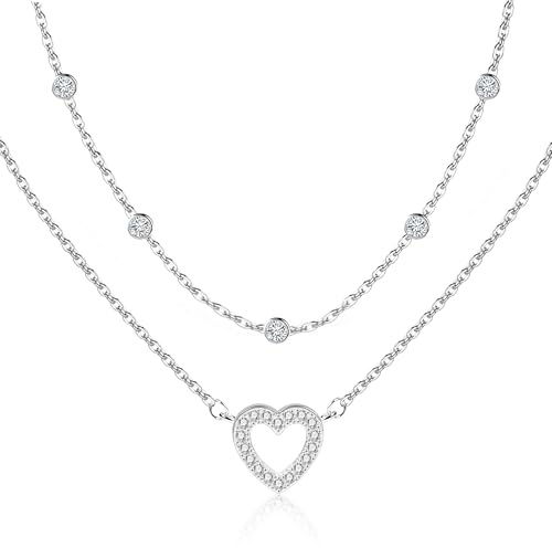 ALEXCRAFT 925 Sterling Silver Necklace for Women Lady, Hypoallergenic Sterling Silver Adjustable Double Layered Chains with Zirconia Heart Diamond Pendant
