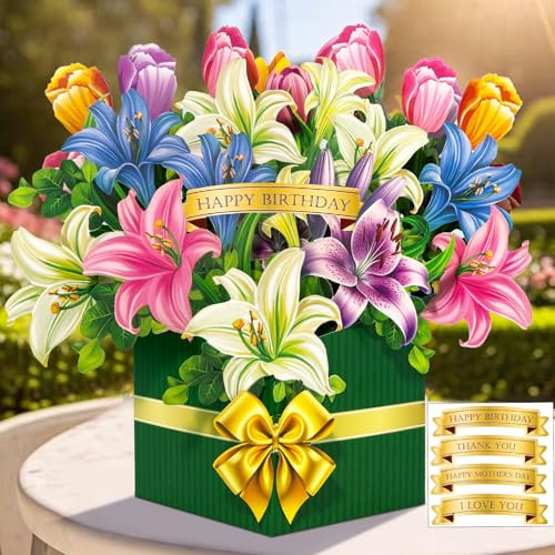 Happivue Pop Up Cards for Women, Popup Paper Lilies Flower Bouquet Birthday Cards for Mum, Daughter, Wife, Sister, Greeting Card Gift for Get Well, Teacher's Day, Thank You, Graduation, Anniversary