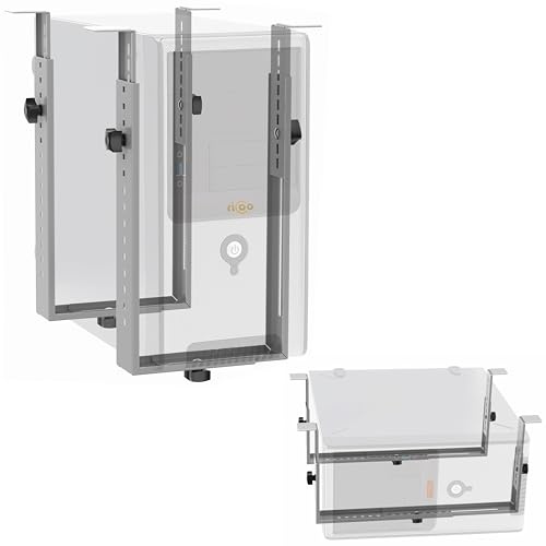 RICOO PC-hållare under skrivbord TRH02-S, bredd- och höjdjusterbar datorhållare, vertikal eller horisontell montering under bord, CPU-hållare upp till 35 kg, Silver