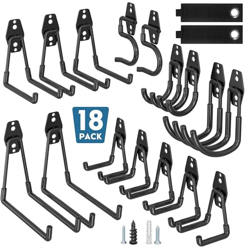 BONTEC Set da 18 ganci da parete neri per garage, capacità fino a 502 kg (su legno/forati), acciaio antiscivolo, multiuso per bici, attrezzi, scale, pannello porta attrezzi, design salvaspazio