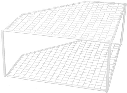 HOLIDYOYO Kitchen Pan Rack Corner Shelf Double Layer Steel Tiered Table Top Organizer Draining Pot Holder for Cabinet and Countertop Storage in White, 18cm Height