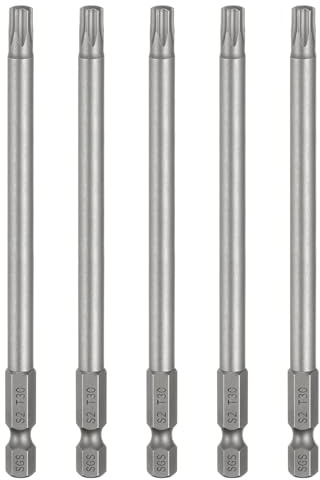 sourcing map Lot de 5 embouts de tournevis à tête Torx T30 6,35 mm Tige hexagonale 110 mm de long Magnétique sans trou Inviolable 6 points Étoile Tournevis de perceuse forets en acier S2 industriels