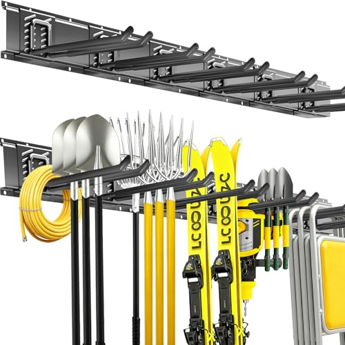 CRXCRC Garage Tool Organizer Wall Mount, 48inch Heavy Duty Garden Tool organizer Storage System, Easy Install With 6 Adjustable Straight Hooks, For Garage, Basement, Shed, Workshop(Black)
