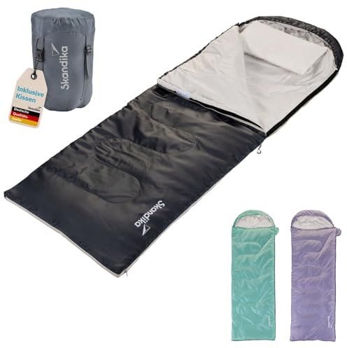 Skandika Deckenschlafsack Skye | Schlafsack 3 Jahreszeiten, mit Kissen, koppelbar, 220 x 75 cm, 250g/m² Mikrofaserfüllung, Innentasche, waschbar | Schlafsäcke Outdoor