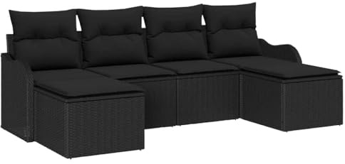 vidaXL 6-delars modulärt trädgårdsoff-set med väderbeständiga kuddar svart rattan utomhusmöbler för patio och balkong bekväm sittplatsarrangemang justerbara fötter. Lounge-stol samtida