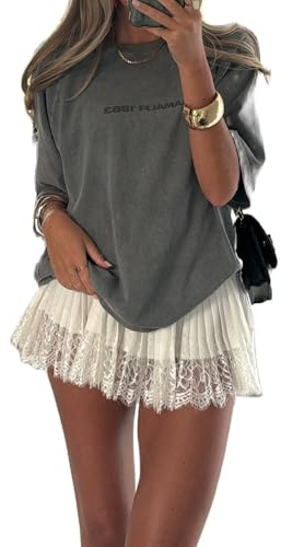 YILEEGOO Women Eyelash Lace Trim Short Mini Skirt High Waist Pleated Half Slip Underskirt Ruffle Satin A-Line Skirt Beachwear Party Clubwear (White, M)