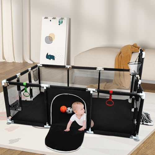 OHMG laufstall, modularer großer Laufstall für Kleinkinder, faltbar, groß, atmungsaktiv, Reißverschluss, 2 Ringe, Bälle (schwarz, B-180 x 120 x 66 cm)