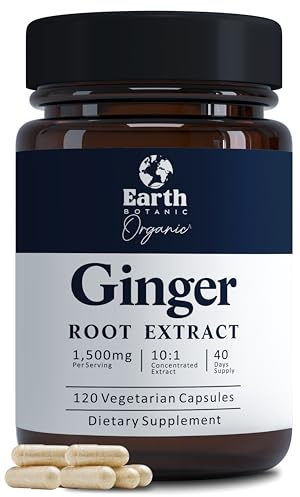 Earth Botanic Organic Ginger Capsules 1500 mg | Ginger Root Extract 10:1 Concentrated Herbal Supplement | Digestive Support, Gut Comfort & Antioxidant Formula | Plant Based | Non-GMO |120 Veg Capsules