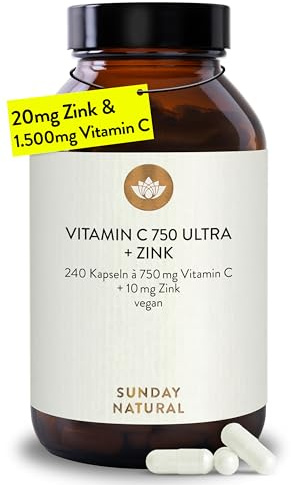 SUNDAY NATURAL® Vitamin C Zink – 1500 mg Vitamin C und Zink 20 mg pro Tagesdosis – exklusiver PureWay® Komplex aus den USA – schnelle Absorption, mit Bioflavonoiden – vegan – 240 Kapseln